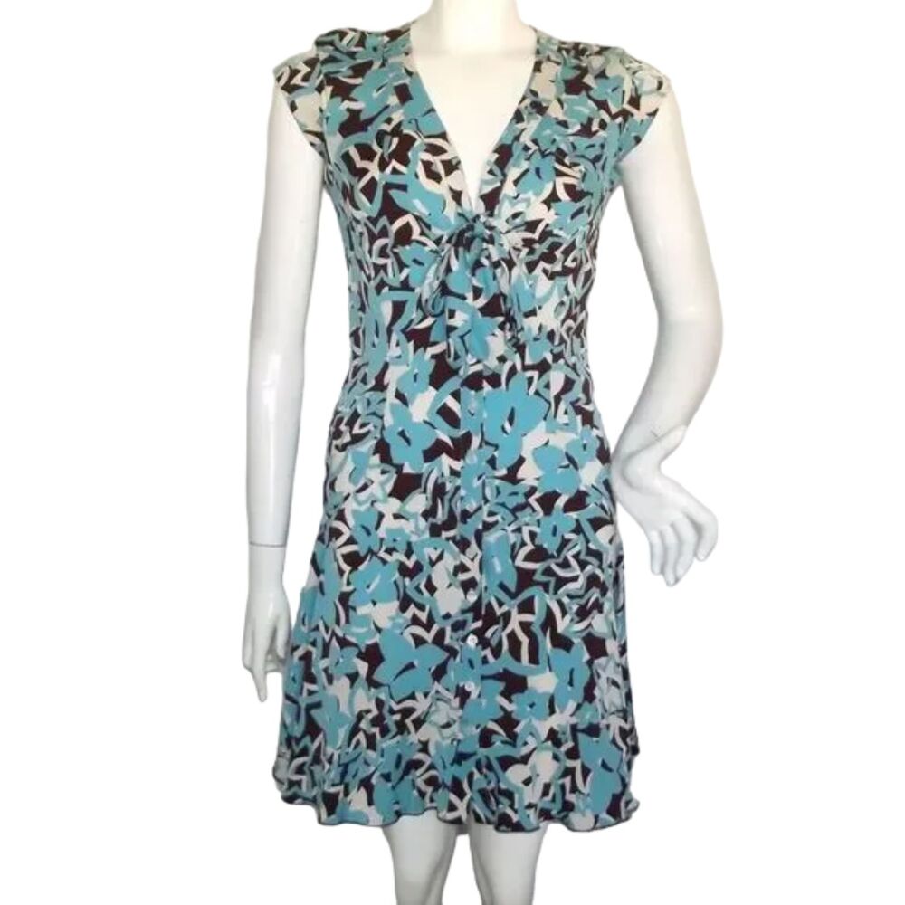 Diane Von Furstenberg Dress, 4/6, Blue/Brown Floral, Twirl skirt, Bow Front